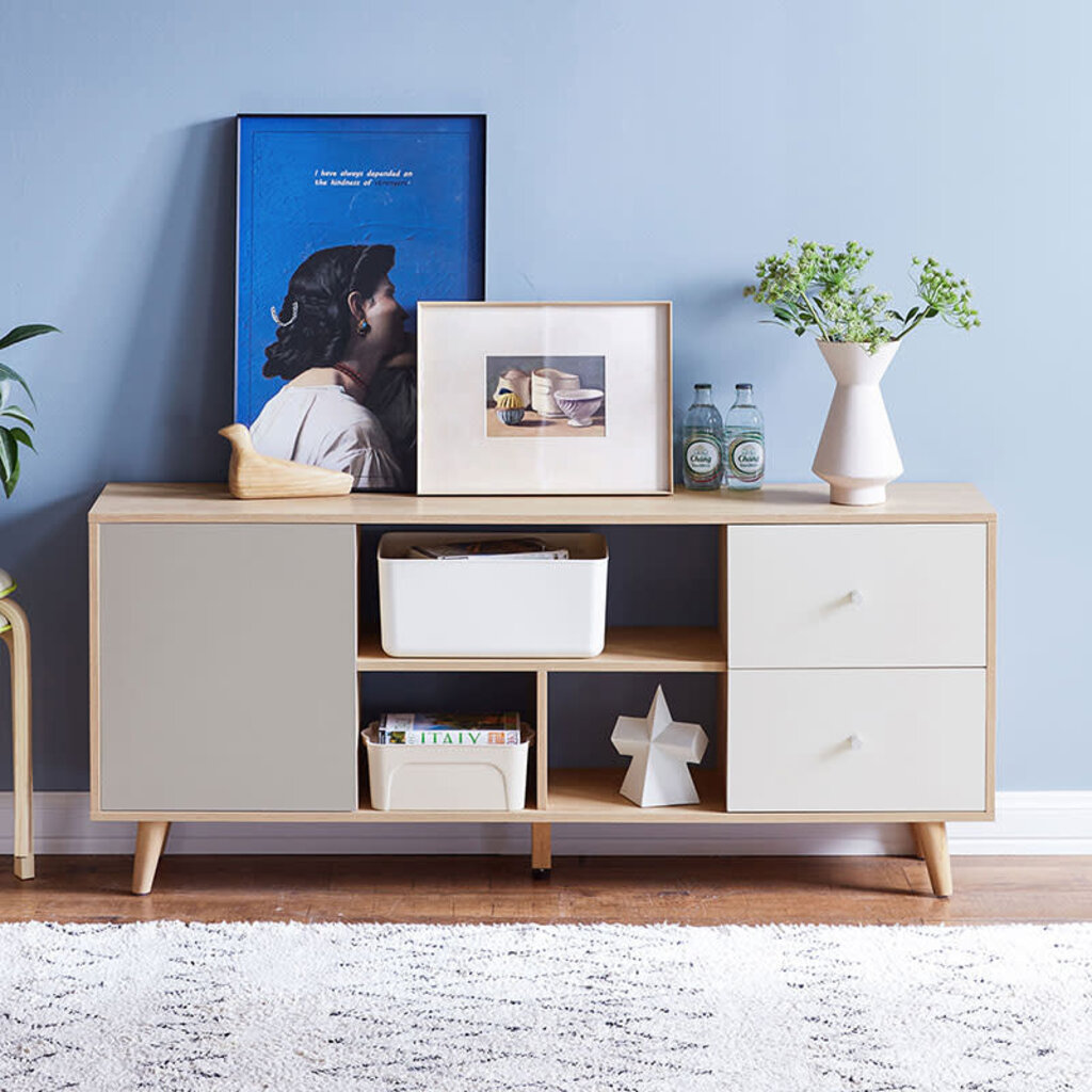 Meuble TV 2 tiroirs blanc 1 porte grise 140X32x60 cm