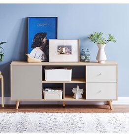 Meuble TV 2 tiroirs blanc 1 porte grise 140X32x60 cm