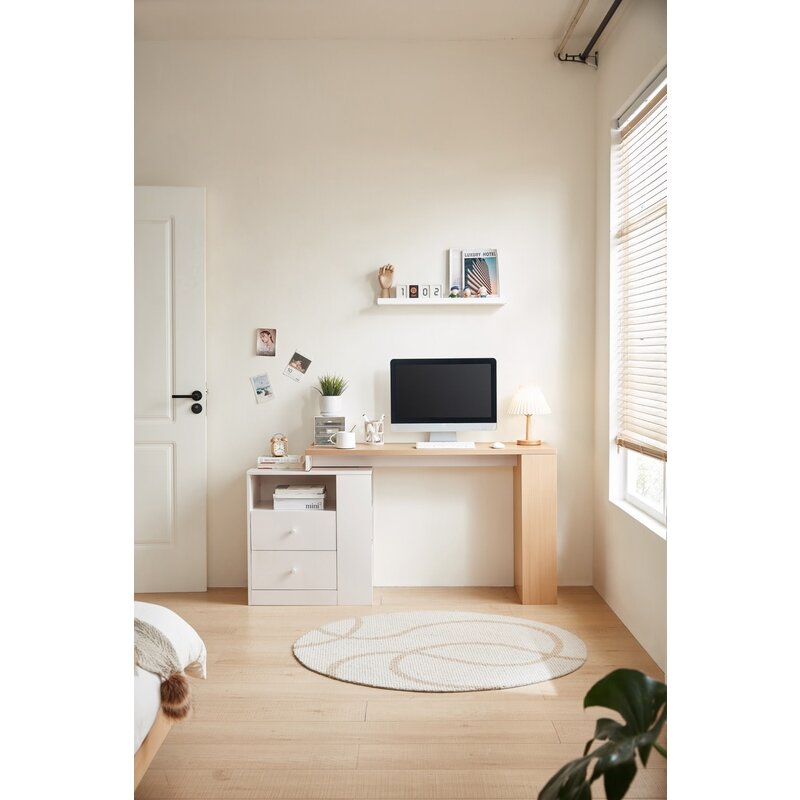 Bureau 2 tiroirs 130x42x75 cm Bois + Blanc