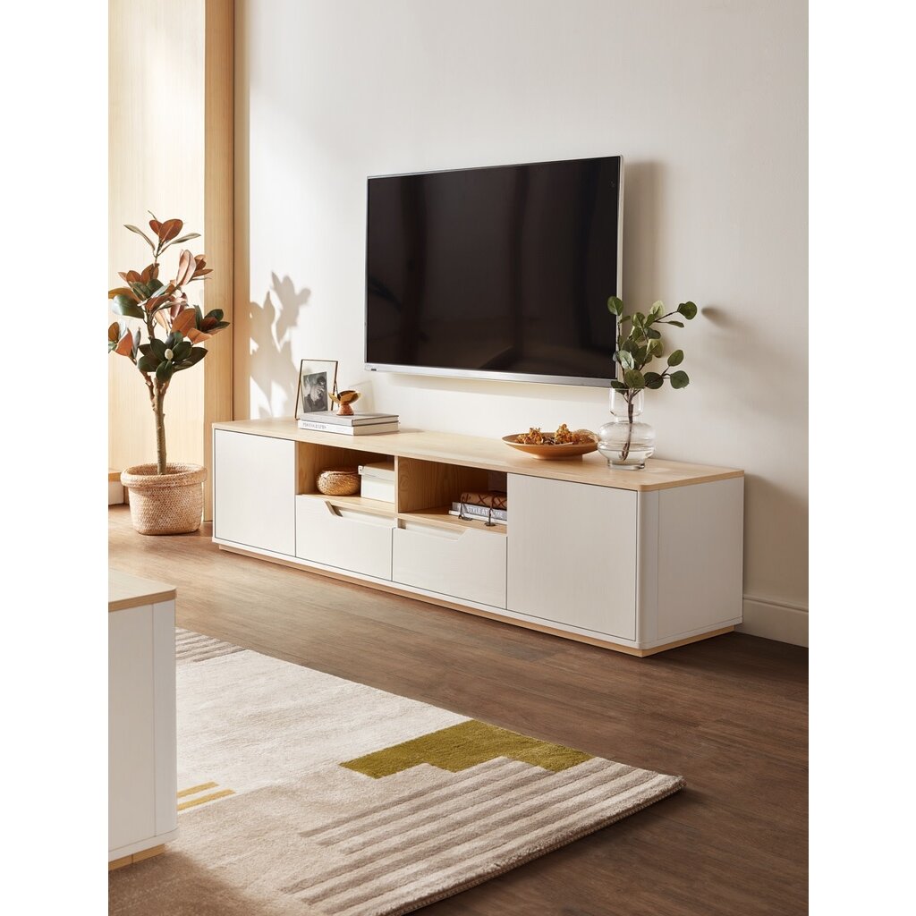 Meuble TV 4 portes 180x40x42 cm Bois + Blanc