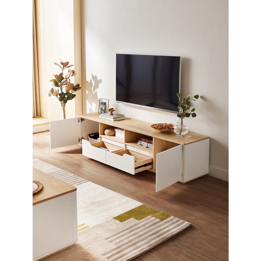 Meuble TV 4 portes 180x40x42 cm Bois + Blanc