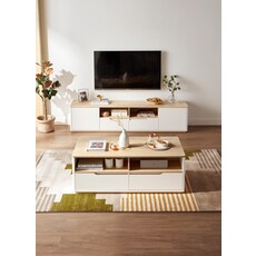 Meuble TV 4 portes 180x40x42 cm Bois + Blanc