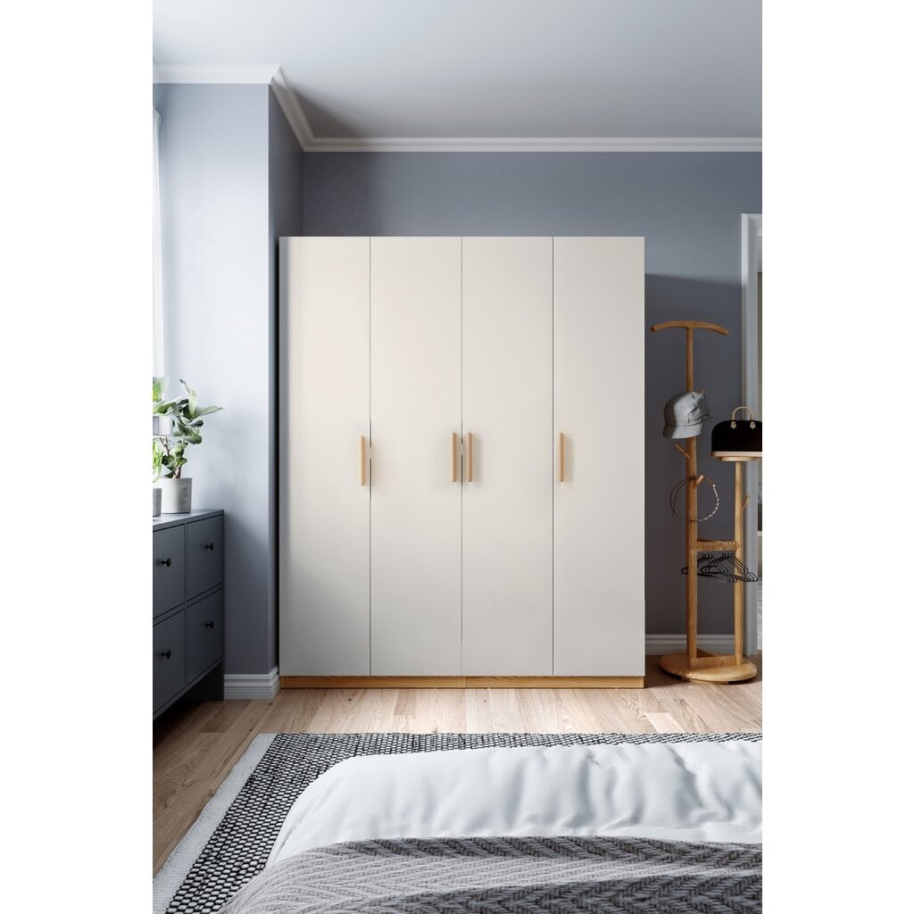 Armoire 4 portes 160x62x210 cm blanc + bois naturel
