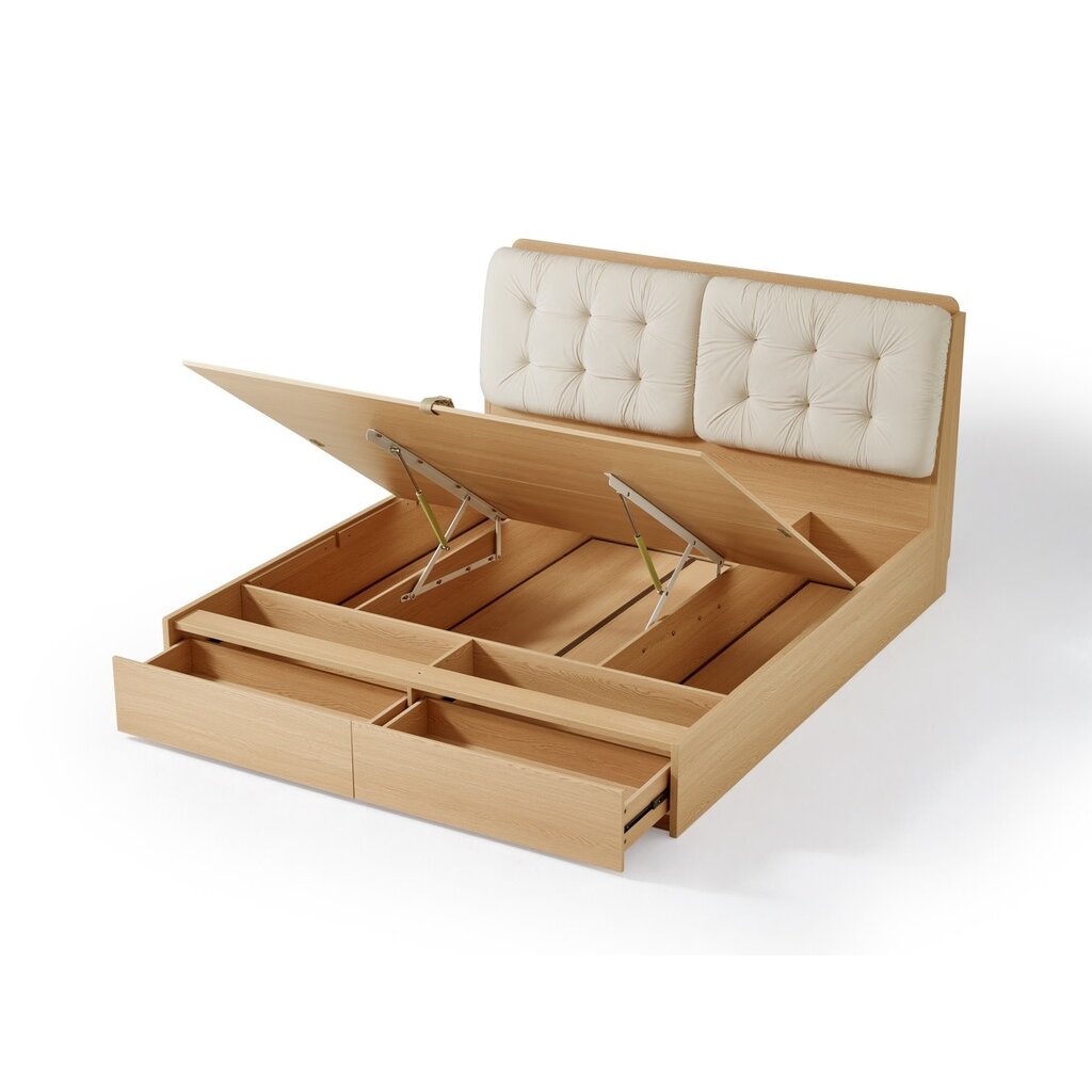 Lit beige + bois avec rangement 180x200 cm