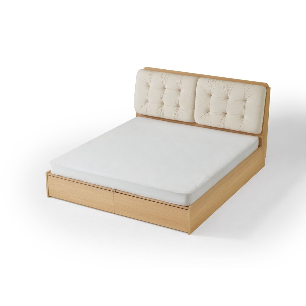 Lit beige + bois avec rangement 180x200 cm