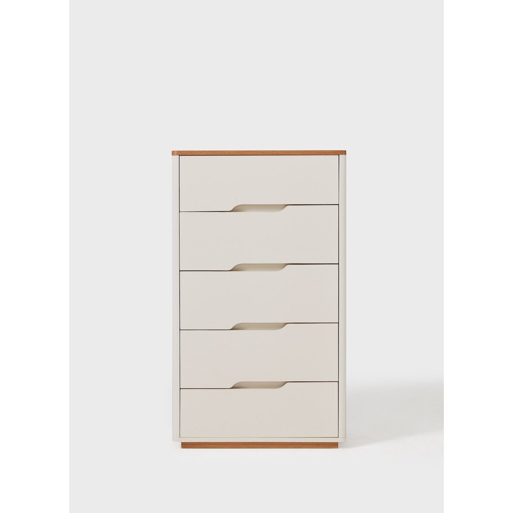 Commode 5 tiroirs blanc et bois