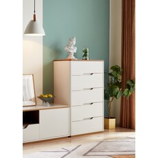 Commode 5 tiroirs blanc et bois