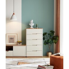 Commode 5 tiroirs blanc et bois