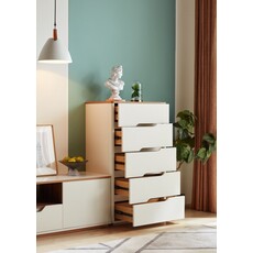 Commode 5 tiroirs blanc et bois