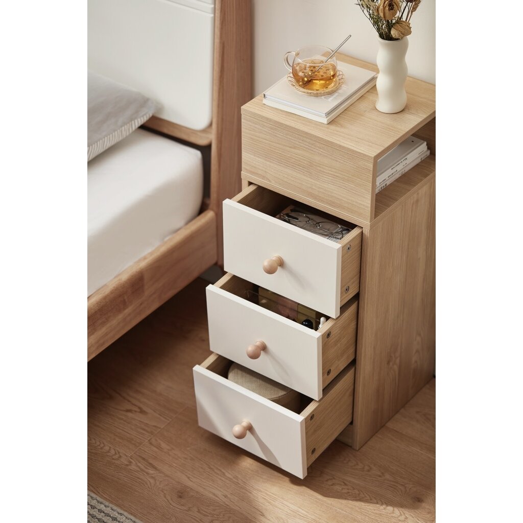 Table de chevet 3 tiroirs blanc et bois