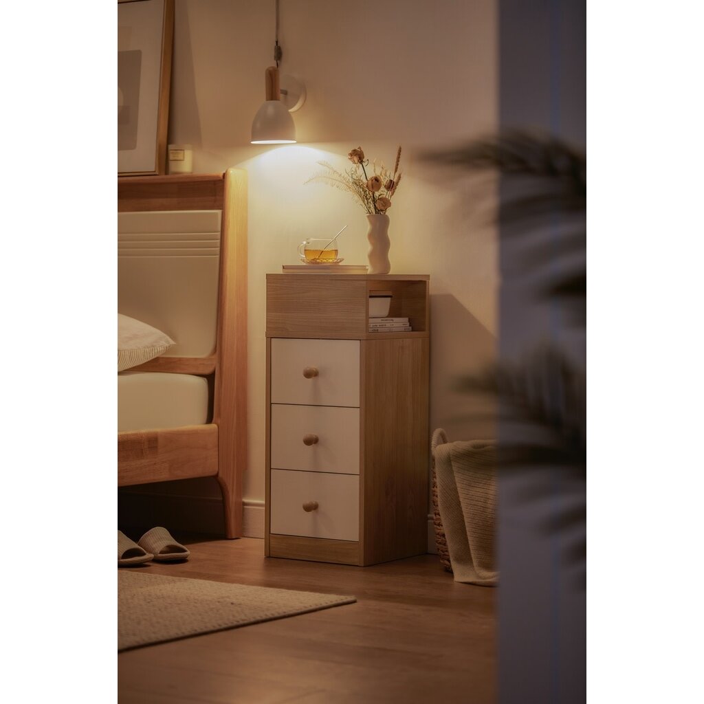 Table de chevet 3 tiroirs blanc et bois