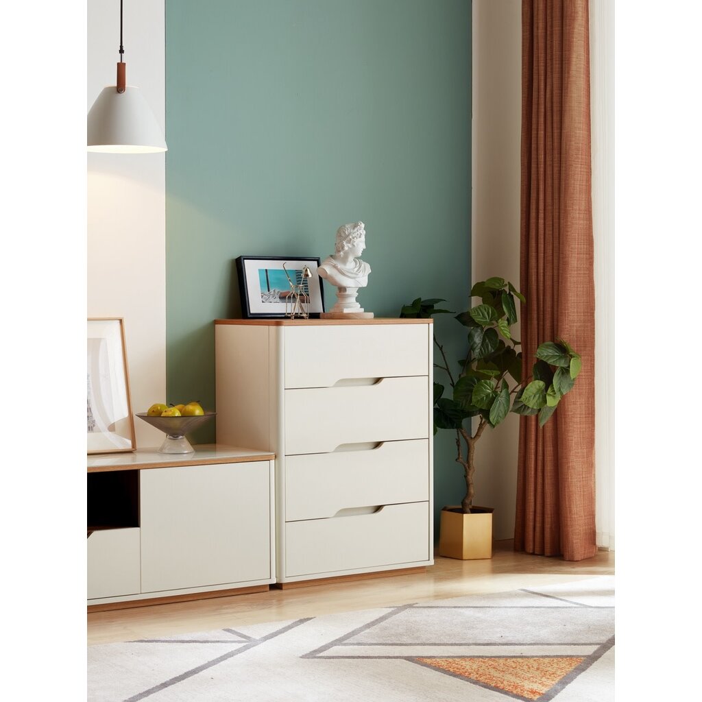 Commode 4 tiroirs blanc et bois