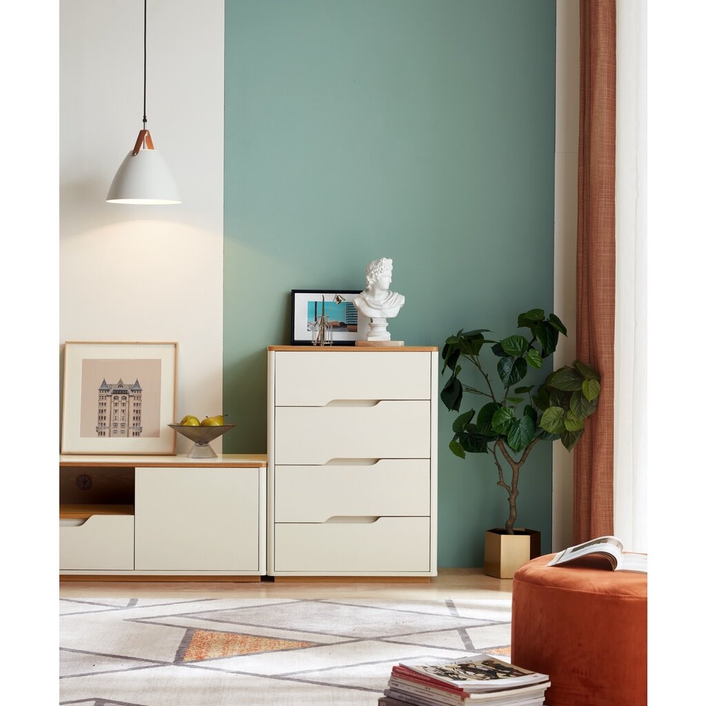 Commode 4 tiroirs blanc et bois