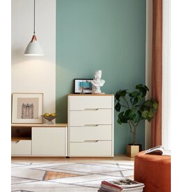 Commode 4 tiroirs blanc et bois