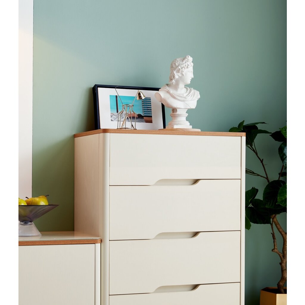 Commode 4 tiroirs blanc et bois