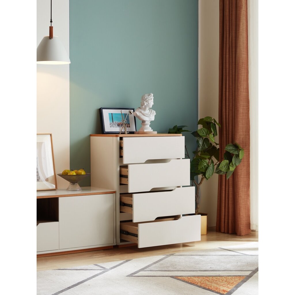 Commode 4 tiroirs blanc et bois