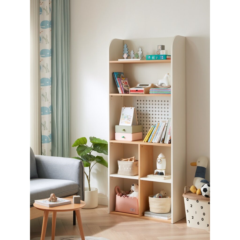 Étagère 3 niveaux et cases de rangement bois + blanc