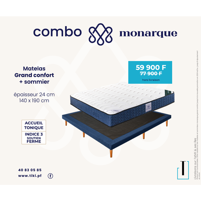 Combo Matelas Monarque 140x190x24 Cm + Sommier 10 Cm