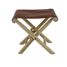 Tabouret pliant en Teck + Cuir marron 50x35x45 cm