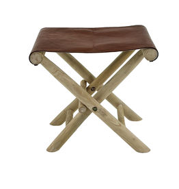 Tabouret pliant en Teck + Cuir marron 50x35x45 cm