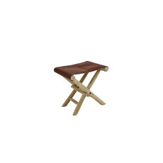 Tabouret pliant en Teck + Cuir marron 50x35x45 cm