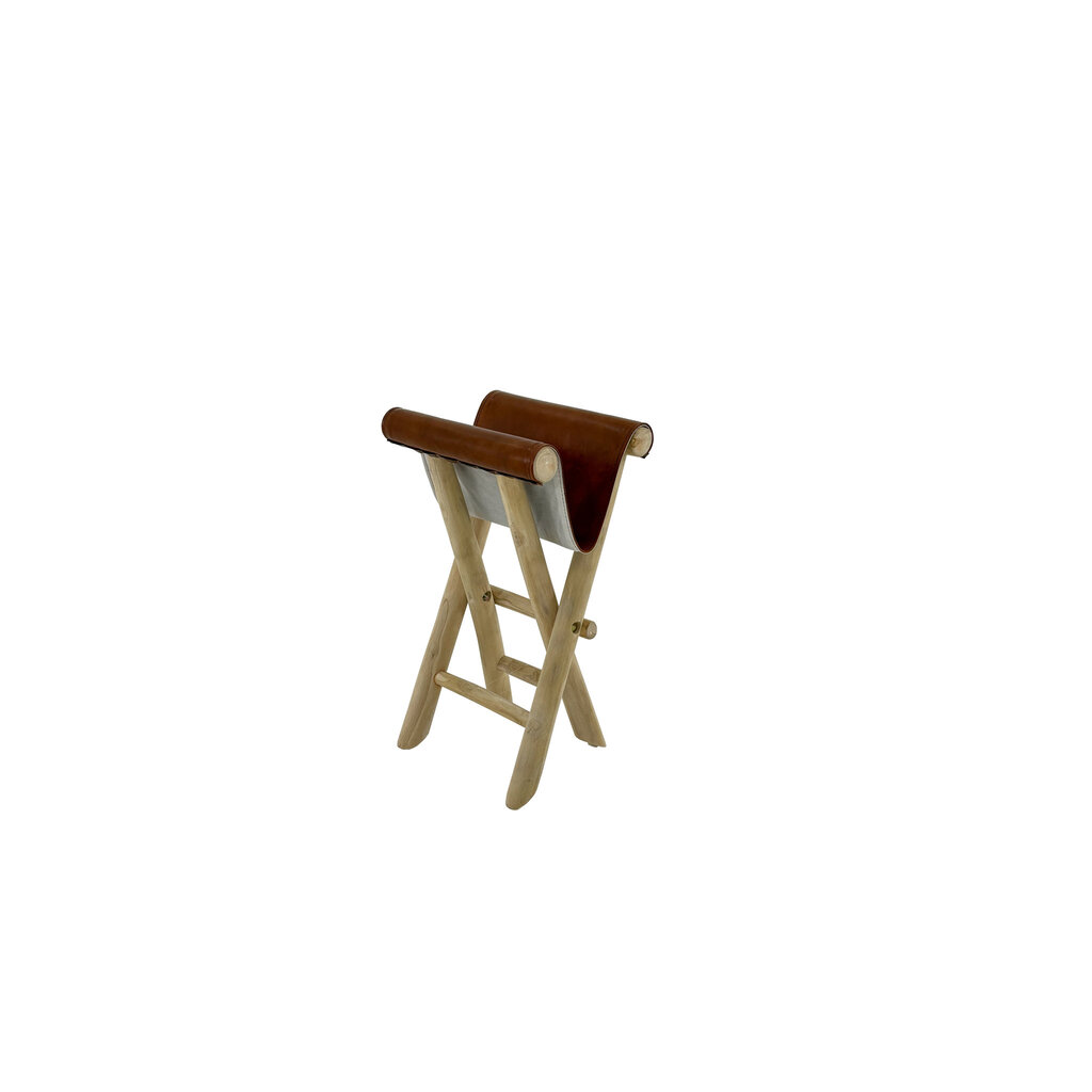 Tabouret pliant en Teck + Cuir marron 50x35x45 cm