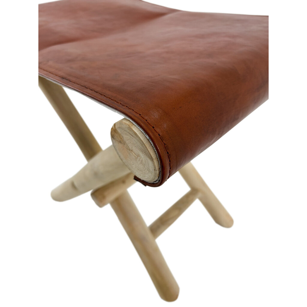Tabouret pliant en Teck + Cuir marron 50x35x45 cm