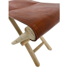 Tabouret pliant en Teck + Cuir marron 50x35x45 cm