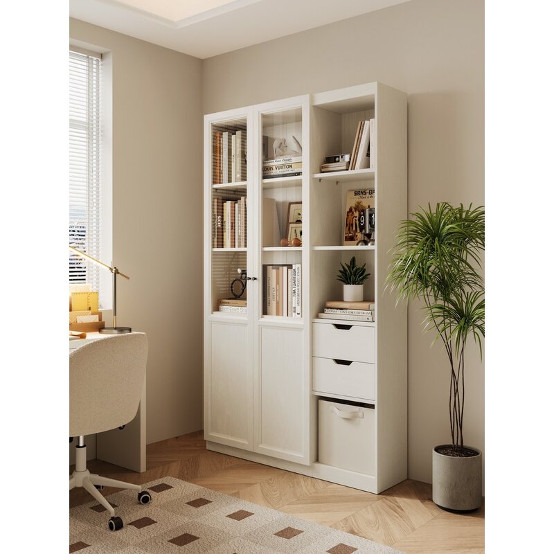 Bibliothèque 2 porte vitrée 2 tiroir Blanc