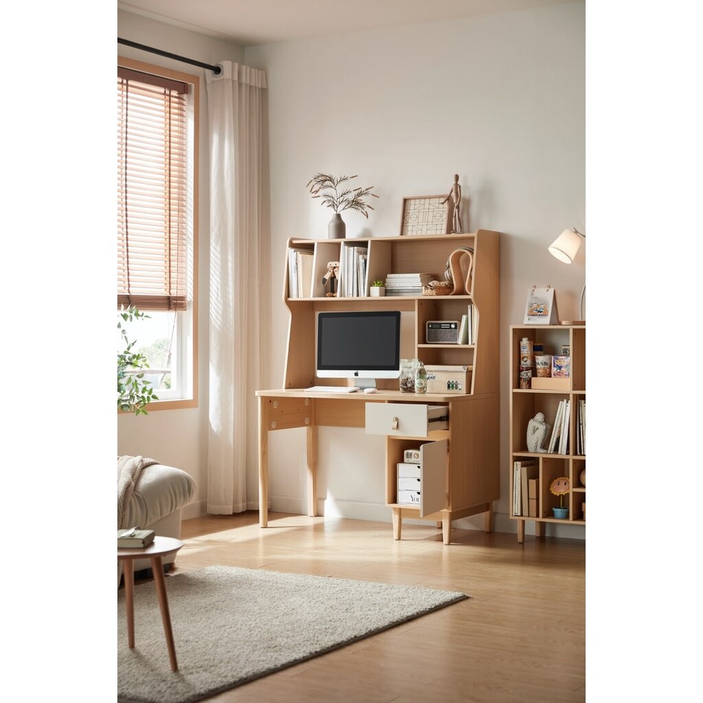 Bureau avec étagères 1 porte 1 tiroir lanière 120 cm