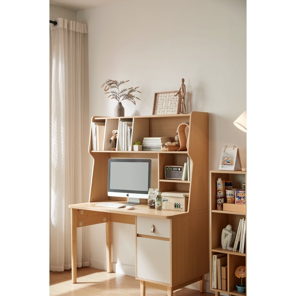 Bureau avec étagères 1 porte 1 tiroir lanière 120 cm