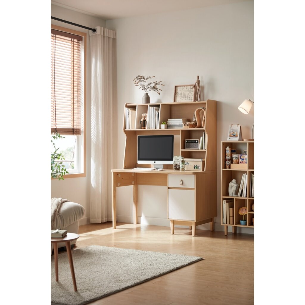 Bureau avec étagères 1 porte 1 tiroir lanière 120 cm