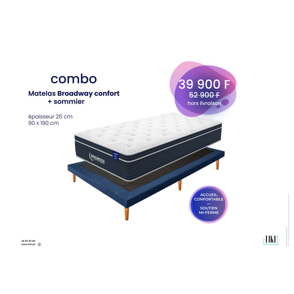 Combo Matelas BROADWAY 90x190x25 Cm + Sommier 10 Cm