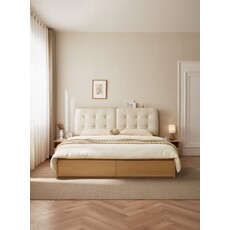 Lit beige + bois avec rangement 180x200 cm