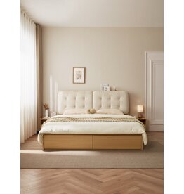 Lit beige + bois avec rangement 180x200 cm