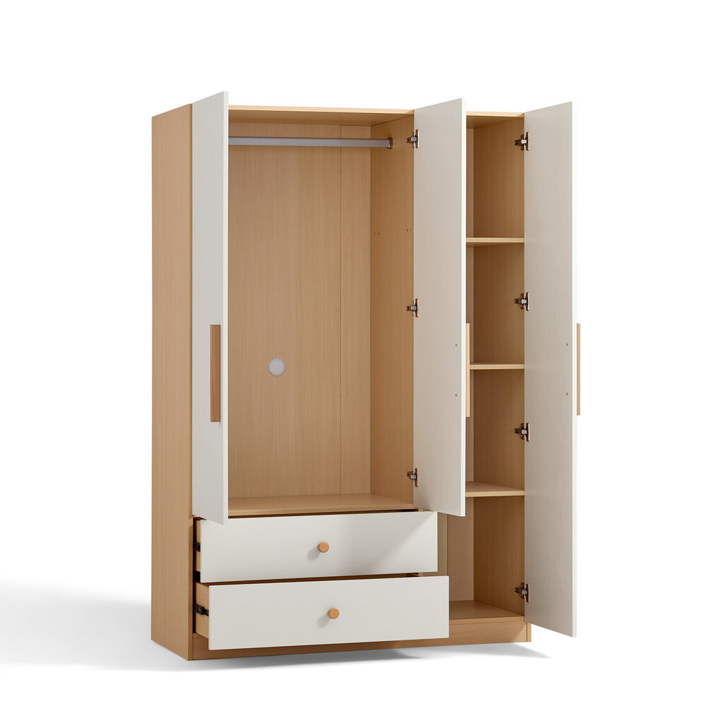 Armoire penderie 3 portes 2 tiroirs 120 cm Bois et blanc