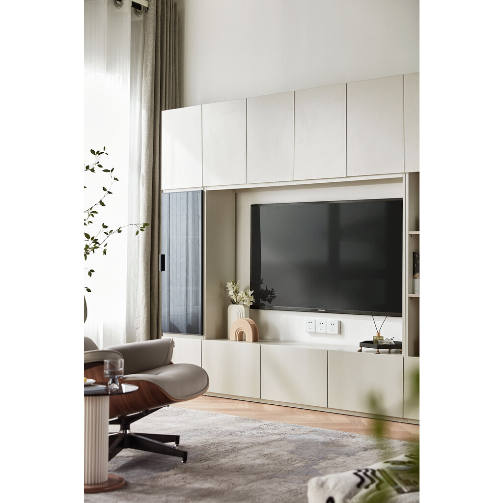 Meuble TV 11 portes et 1 porte vitrée 240 cm Blanc cassé