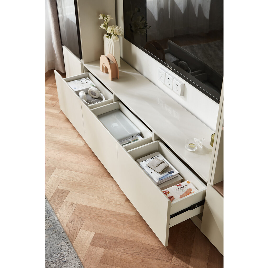 Meuble TV 11 portes et 1 porte vitrée 240 cm Blanc cassé