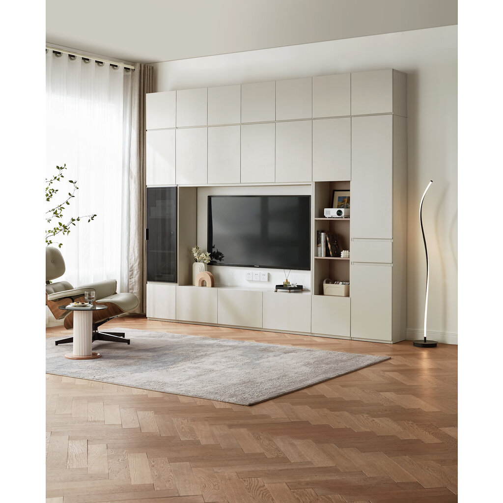 Meuble TV 11 portes et 1 porte vitrée 240 cm Blanc cassé