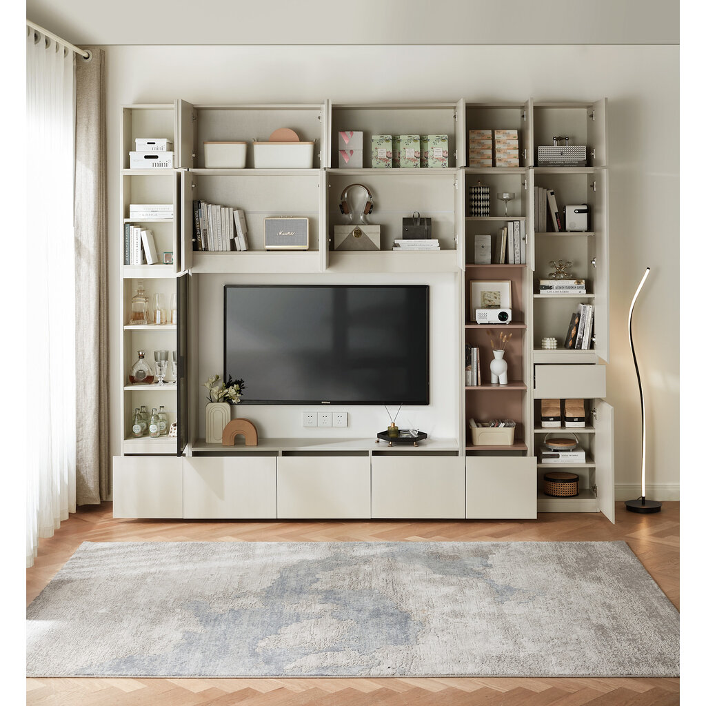 Meuble TV 11 portes et 1 porte vitrée 240 cm Blanc cassé