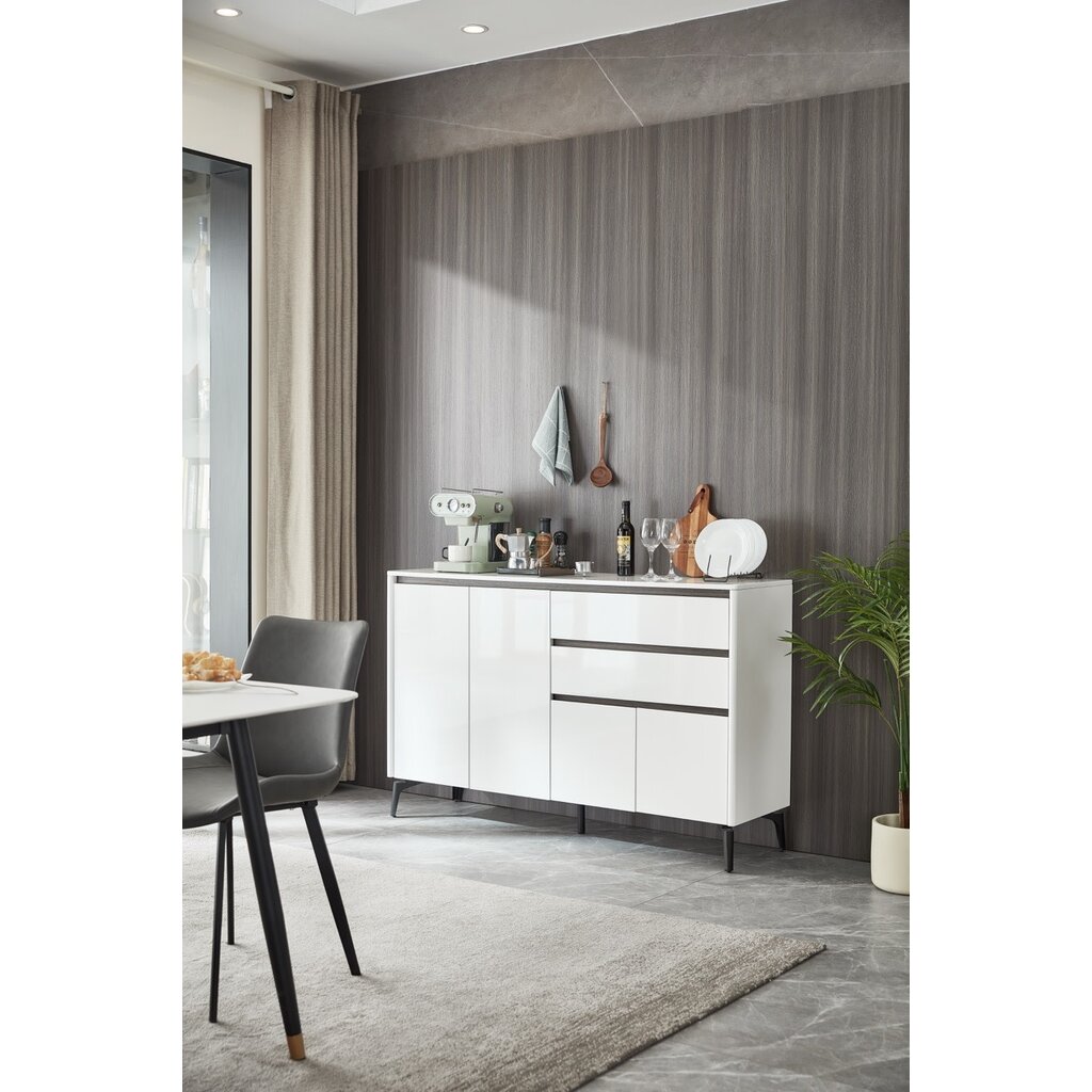 Buffet 2 tiroirs 4 portes 140 cm Blanc laqué