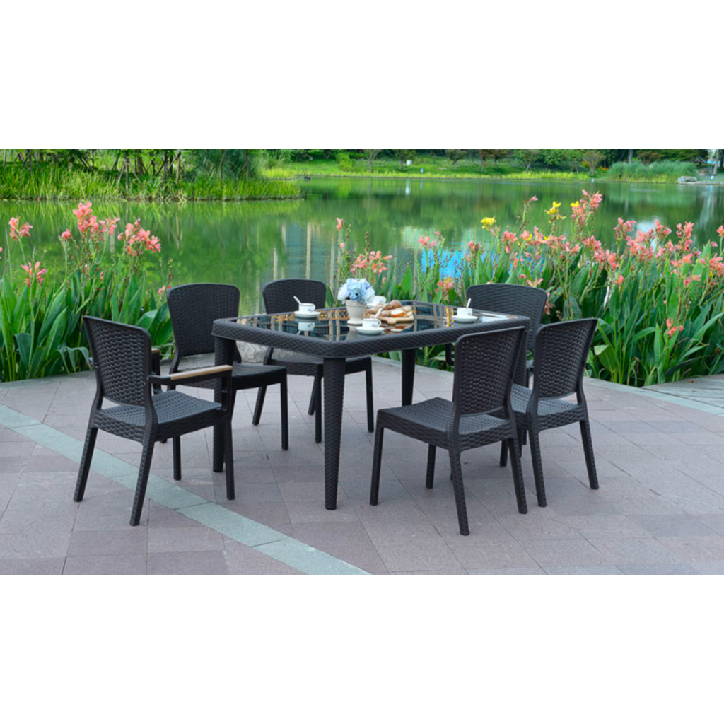 Roma - Table en résine Marron avec plateau en verre trempé Noir 150X89X76 cm (A0542)