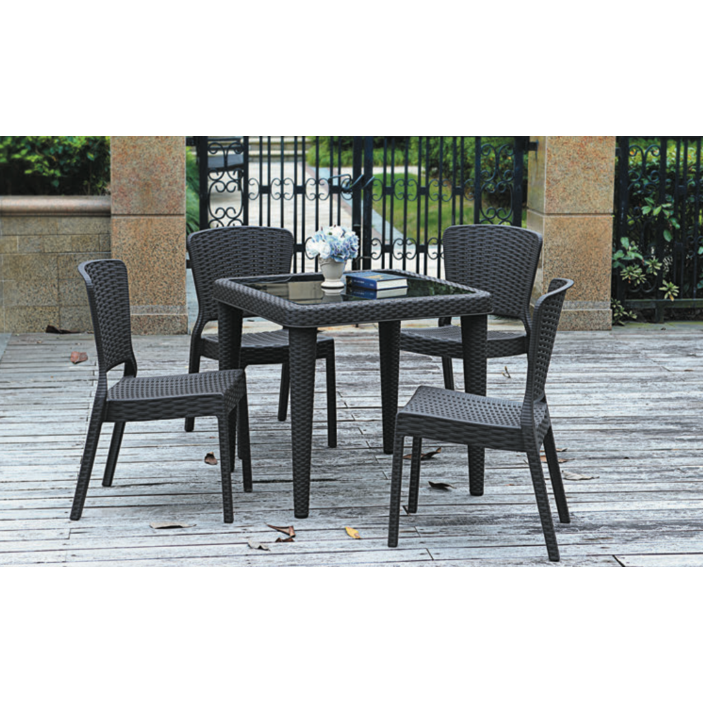 Roma - Table en résine Marron avec plateau en verre trempé Noir 80X80X73 cm (A0542)