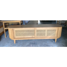 BOHO - Meuble TV 2 portes coulissantes en teck et rotin 200x45x60 cm