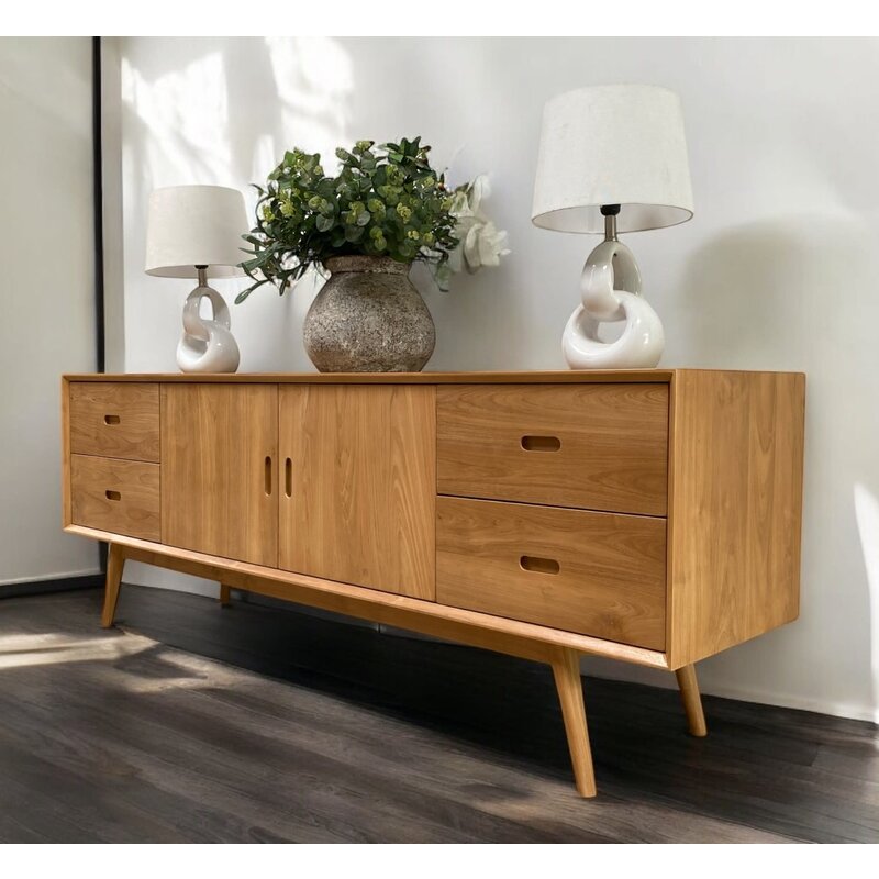 RETRO - Meuble TV en teck 2 portes 4 tiroirs 200x45x70 cm