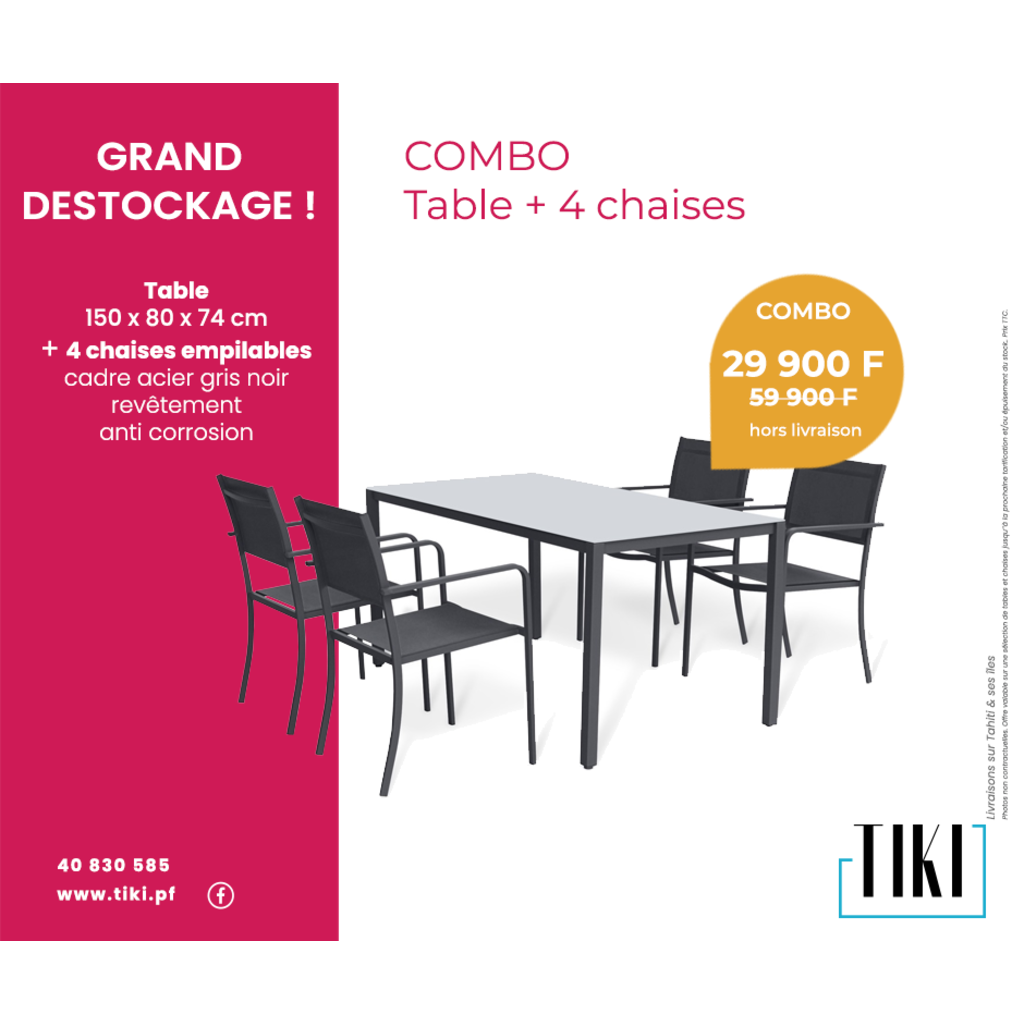 Table 150x80x74 cm+ 4 chaises en textilène châssis en fer Gris Noir