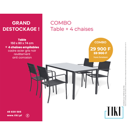 Table 150x80x74 cm+ 4 chaises en textilène châssis en fer Gris Noir