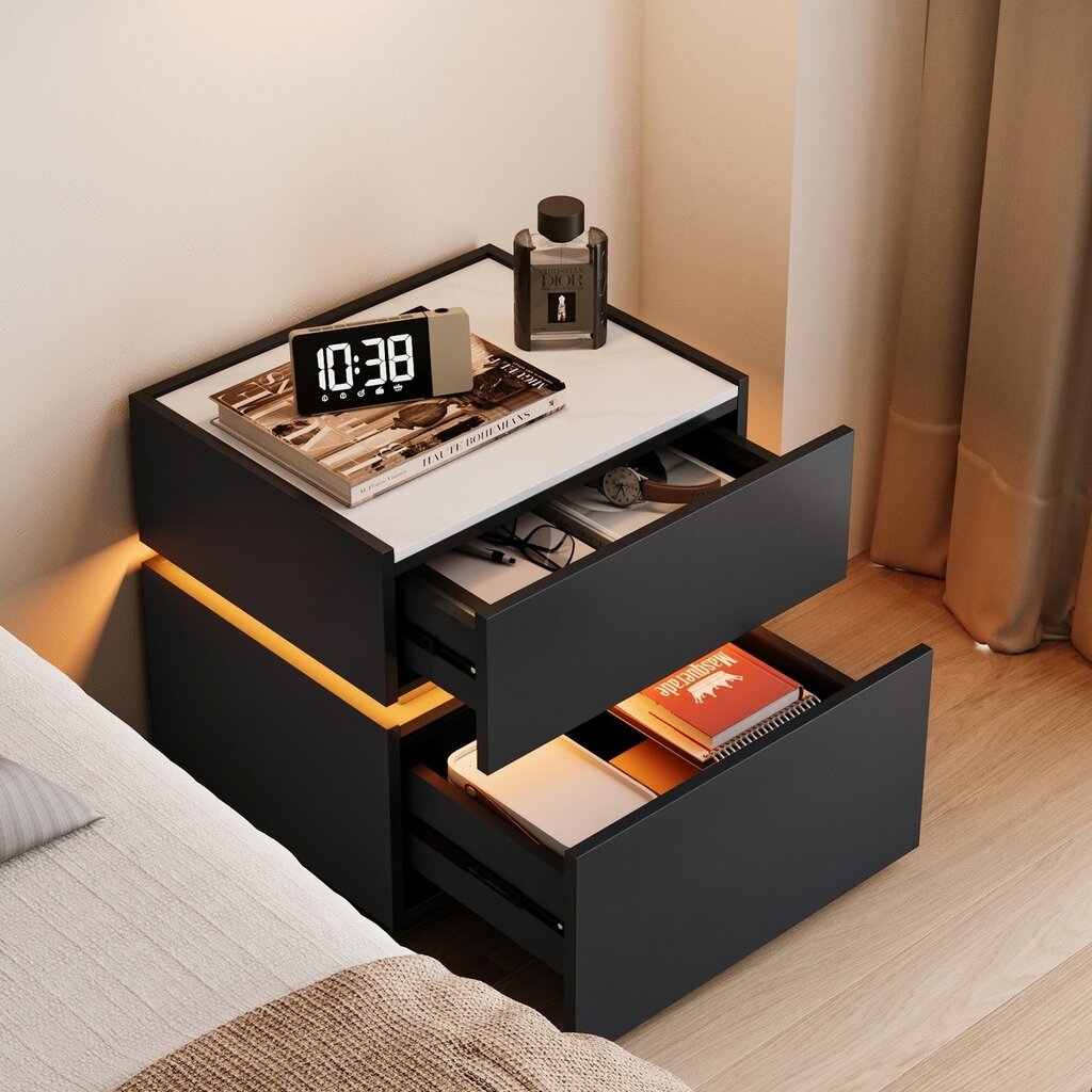 Table de chevet avec éclairage et dessus en pierre frittée polie