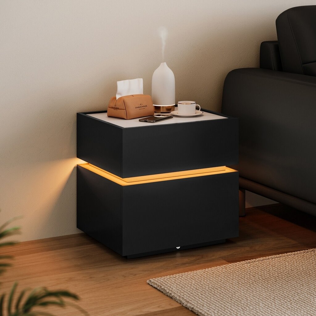 Table de chevet avec éclairage et dessus en pierre frittée polie