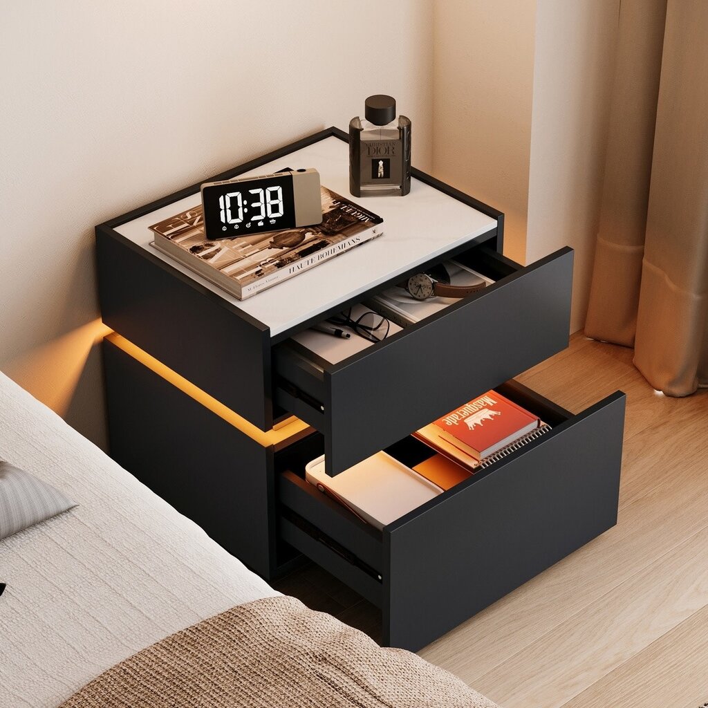 Table de chevet avec éclairage et dessus en pierre frittée polie